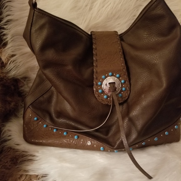 Handbags - XL Chocolate Brown w/turquoise Shoulder Bag